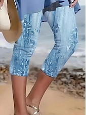 billiga -Kvinnors leggings capribyxor hög elasticitet mode streetwear hel längd hög midja blommigt tryck termisk varm andningsbar mjuk utomhus vardag linne lik mörkgrå kombination sommar vår regular fit