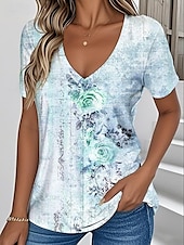 abordables T-shirt floral-Femmes T-shirt Fleuri Graphique ancien Élégant Classique Manche Courte Col en V Hauts Réguliers Quotidien Imprimé Bleu Violet Vert Blanc Ecru Été Printemps