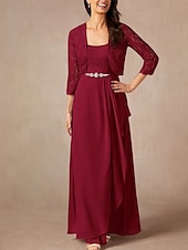 billiga Golvlängd-Tvådelad A-linjeformad Mor till Brud-Klänning Bröllopsgäst Elegant Söt Rundhalsad Golvlängd Chiffon Spets 3/4 Längd Ärmar med Spetspärlor Volanger