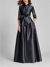 preiswerte GELB-A-Linien-Abendkleid Champagner Gold Minimalistisches Kleid Formal Hochzeitsgast Bodenlang Halber Ärmel Hemdkragen Satin mit Schleife(n) Falten
