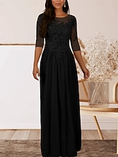 baratos Comprimento do chão-Vestido para Mãe da Noiva em A Convidada de Casamento Elegante Decote Redondo Comprimento até o Chão Chiffon Manga Curta com Pregas e Apliques