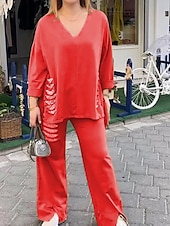 abordables Ensembles-Femmes Actif Mode Chemises en coton et lin Chemisier Ensembles de Pantalons manche longue Col en V Couleur Unie Paillettes Vacances Décontracté Quotidien Noir Blanche Rouge Été Coupe régulière