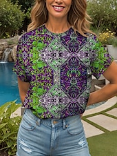 billige Boho t-skjorte-Dame T skjorte Blomstret Grafisk Planter Bohem Årgang Etnisk Kortermet Crew-hals Rund hals Vanlige topper Daglig Ut på byen Helg Trykt mønster Gul Rød Blå Grønn Sommer Vår