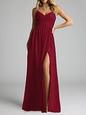 baratos Vestidos para Madrinhas-Vestido de dama de honra em corte A, decote em V / alças finas, sem mangas, elegante, longo, chiffon com pregas / frente aberta / franzido 2025