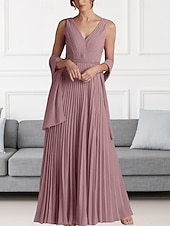 abordables Longueur du plancher-Ligne A Robe de Mère de Mariée  robe demoiselle d honneur Élégant Col en V Longueur au sol Chiffon Sans manches Echarpe incluse avec Perlage Fronces 2025
