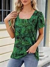 tanie koszulka w kwiaty-Damskie Podkoszulek Kwiaty Moda Nowoczesny Codzienny Krótki rękaw Kwadratowy dekolt Zwykłe topy Codzienny Weekend Biały Wino Niebieski Zielony Lato