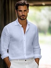 preiswerte Freizeitanzüge-Herrenhemd Leinenhemd klassisch lässig Strandhemd Standard Fit Langarm Revers einfarbig Baumwolle Leinen weiß beige grau
