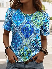 abordables T-shirt Boho-Femmes T-shirt Fleuri Graphique Géométrique ancien Élégant Classique Manche Courte Col ras du cou Hauts Réguliers Quotidien Week-end Imprimé Bleu Fuchsia Orange Été Printemps