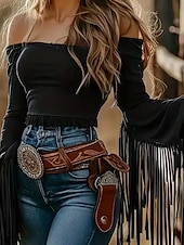 preiswerte Boho Tops-Damen Boho-Hemd Bluse Einfach Boho Langarm Schulterfrei Crop Tops Ferien Ausgehen Fransen Schwarz Braun Sommer