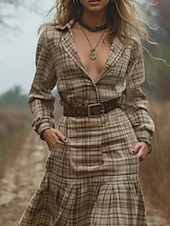 levne Boho šaty-Dámské Midi šaty Boho šaty Westernové šaty Módní Klasické Venkovní Dovolená Jdeme ven Běžný Pléd Dlouhý rukáv Košilový límec Khaki Léto