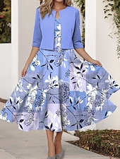 ieftine rochie florală-Pentru femei Set de rochii Rochie A line Rochie de vară Petrecere Rochii Semi Formale Floral Grafic Imprimeu Rochii Midi Manșon Jumate În V Invitat la nunta Zilnic Roz Îmbujorat Albastru piscină Mov
