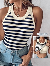 billige Stripe og geometrisk tank topp-Dame Camisole Tank Top Helfarge Stripet Daglig Fritid Ermeløs Crew-hals Vanlige topper Daglig Trykt mønster Svart Lysegrønn Navyblå Grønn Sommer Vår Built-in Bra Ribbed