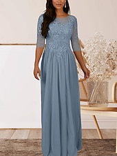 baratos Comprimento do chão-Vestido para Mãe da Noiva em A Convidada de Casamento Elegante Decote Redondo Comprimento até o Chão Chiffon Manga Curta com Pregas e Apliques