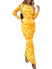 olcso Elegáns virágos ruhák-Női Midi ruha Boho esküvői vendégruha Elegáns Csehország Szexi Bodycon ruha Nyomtatott Hosszú ujj Terített nyak Világossárga Világos rózsaszín Bíborvörös aqua kék Tavasz Ősz
