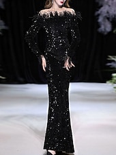 cheap BLACK-Mermaid / Trumpet Quinceanera Dresses Elegant Dress Formal Wedding Floor Length Long Sleeve Off Shoulder Sequined with Sequin