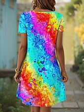 tanie kwiatowa sukienka-Damskie Sukienka mini Sukienka t-shirtowa Sukienka A line Letnie sukienki Codzienny Codzienny Regularny Ombre Graficzny Geometryczny Krótki rękaw Wycięcie pod szyją Niebieski Fioletowy Pomarańczowy