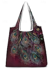 abordables Cabas et fourre-tout-Sac fourre-tout pliable à imprimé paon pour femme - Sac de courses réutilisable de grande capacité avec un design aquarelle élégant, léger et élégant, idéal pour un usage quotidien, les voyages et les achats écologiques