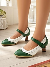 cheap Victorian &amp; Edwardian-Women's 1900s Edwardian Vintage Gatsby Mary Jane Shoes-Green and White Leather Cutout Heels with Scalloped Edge, Perfect for Historical Costumes, Retro Parties, and Daily Wear