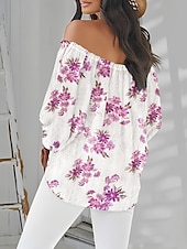 billige Blomstrete topper-Dame Sommertopper Blomster Fritid 3/4 ermer Puffermer Rullekrage Vanlige topper Daglig Lapper Rosa Blå Grønn Sommer