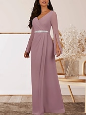 preiswerte Bodenlänge-A-Linie Brautmutterkleid Hochzeitsgast Elegant V Ausschnitt Bodenlang Chiffon Langarm mit Kristalle Raffung 2025