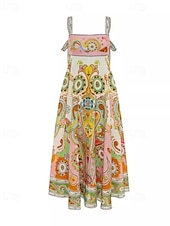 preiswerte Kleider aus Baumwolle und Leinen entwerfen-Damen Langes Kleid Maxikleid Baumwoll-Leinen-Kleider Freizeitkleid Mode Outdoor Party Ferien Normale Passform Ethnisch Kurzarm Träger Gelb Sommer