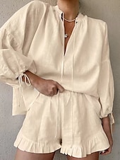 abordables Ensembles-Femmes Actif Chemises en coton et lin Chemisier Ensembles de Shorts manche longue Col en V Couleur Unie Froncé Décontracté Quotidien Week-end Noir Blanche Rose Claire Été Coupe régulière