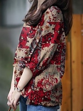 voordelige Dames grafische tops-Dames Overhemd Bloemig Dagelijks Retro vintage Modern Lange mouw Overhemdkraag Normale tops Dagelijks Feestdagen Knop Afdrukken Rood blauw Khaki Zomer