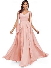 baratos Vestidos de Noite-Vestidos de Quinceanera A-Line Vestido Elegante Performance Natal Comprimento do Chão Sem Mangas Decote V Chiffon Costas Nuas com Pregas