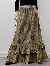 billiga Grafiska kjolar-Dam Kjol Volang kjol Mode Boho Maxi Mellanhög midja Kjolar Blommig Volang Mönster Microelastisk Semester Gata Brun Sommar Polyester