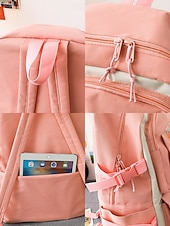 tanie Plecaki dla dzieci i nastolatków-damski 6-częściowy uroczy plecak kawaii z przezroczystymi kieszeniami z przodu, przypinkami z kreskówek i pluszowymi zawieszkami, lekka nylonowa torba szkolna dla nastoletnich dziewcząt, do codziennego użytku na uczelnię