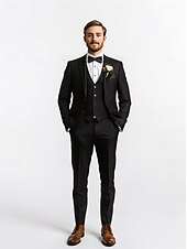 billige Bryllupsdrakter-herrebryllupsdresser med svart slips sommer mote formell ensfarget standard passform 3-delt enkeltspent to-knapps dress