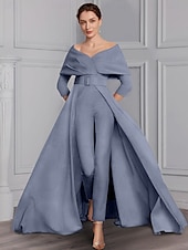 voordelige Mama&amp;#39;s jumpsuits-Twee-delige Jumpsuit Moeder van de Bruid Formele Bruiloft Gast Elegante Feest Scoop Hals Off Schouder Enkele Lengte Rekbare Stof 3/4 Lange Mouw met Ceintuur  Riem 2025
