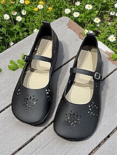 cheap Women&#039;s Flats-Women&#039;s Comfort Mary Jane Wide-Toe Flats with Floral Cutouts – Soft Sole Casual Barefoot Shoes for Ladies – Great for Brunch, Farmers Markets and Outdoor Leisure