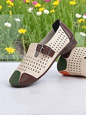 levne Dámské boty s plochou podrážkou-Dámské volnočasové boty širokého střihu z umělé kůže – pohodlné barefoot boty v barevných blokech, prodyšné výřezy, nastavitelný pásek s přezkou, ideální na procházky po zahradě, víkendové výlety i každodenní nošení