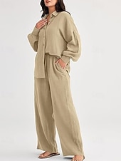 abordables Ensembles-Femmes Actif Mode Chemises en coton et lin Ensembles en coton et lin Chemisier manche longue Col de chemise Couleur Unie Dubbele Rij Knopen Fête Décontracté Quotidien Noir Ivoire Vin Été Coupe