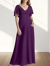 preiswerte Bodenlänge-A-Linie Brautmutterkleid Hochzeitsgast Elegant Süß V Ausschnitt Bodenlang Chiffon Kurzarm mit Raffung 2025