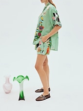 abordables Ensembles-Femmes Mode Streetwear Chemises en coton et lin Ensembles en coton et lin Ensembles de Shorts Manche Courte Col de chemise Fleuri Imprimé Tenue quotidienne Date Vert Été Coupe régulière