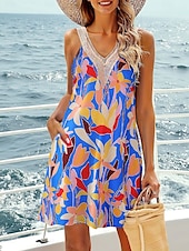 ieftine Rochii casual florale-Pentru femei Rochie Mini Rochie A line Rochie Slip Vacanță Casual Stiluri de Plajă Fără mâneci Concediu Dată Plajă Fit regulat Grafic Fără manșon În V apa albastra Negru Verde Deschis Roșu-aprins Vară