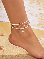abordables Collar de mujer-Conjunto de collar y pulsera tobillera en capas estilo playa para mujer con dijes de estrellas de mar y conchas, diseño de cuentas doradas y blancas, adecuado para vacaciones de verano, estilo casual y bohemio.