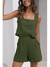 abordables Ensembles-Femmes Actif Basique Ensembles en coton et lin Sans manches Col carré Couleur Unie Décontracté Quotidien Noir Rose Claire Vert Véronèse Été Coupe régulière