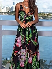 preiswerte Lässige Blumenkleider-Damen Midikleid Blumenkleid Mode Sommerkleid Normale Passform Grafik Ärmellos V Ausschnitt Schwarz Weiß Gelb Sommer