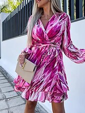 abordables Robes fleuries décontractées-Femmes Mini Robe Robe Décontractée Mode Extérieur Soirée Fête Coupe régulière Graffiti manche longue Col en V Violet Été