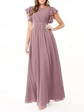 baratos Vestidos para Madrinhas-Vestido de dama de honra em corte A, gola redonda, manga longa, elegante, longo, chiffon com pregas / franzido 2025