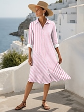 abordables Robe Rayée et Géométrique-Femmes Robe Midi Robe fourreau Occasionnel Date Coupe régulière Graphique Rayé manche longue Col de chemise Rose Claire Bleu Violet Vert Été Automne