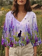 billige Blomstrete topper-Dame Bluse Blomstret Grafisk Katt Stilfull Fritid 3/4 ermer V-hals Vanlige topper Daglig Gul Blå Lilla Sommer Vår