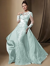 economico BLU-Abito da festa sirena Madre della Sposa Abito Ospite di matrimonio Elegante Collo gioiello Treno a strascico  spazzola Stretch raso Manica lunga con pizzo paillettes arricciato per impressionare 2025
