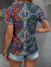 billige Boho t-skjorte-Dame T skjorte Blomstret Grafisk Planter Bohem Årgang Etnisk Kortermet Crew-hals Rund hals Vanlige topper Daglig Ut på byen Helg Trykt mønster Gul Rød Blå Grønn Sommer Vår