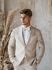 preiswerte Hochzeitsanzüge-Herren Hochzeit Leinenanzüge Gekerbtes Revers Beige Leicht Lässig Einfarbig Standard Passform 2-teilig Einreiher - 1 Knopf