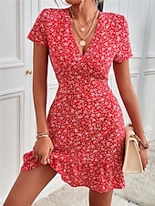 abordables Robes fleuries-Femmes Mini Robe Robe trapèze Occasionnel Extérieur Sortir Coupe Standard Fleuri Manche Courte Col en V Noir Rouge Bleu Abricot Été