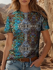 billige Boho t-skjorte-Dame T skjorte Blomstret Grafisk Planter Bohem Årgang Etnisk Kortermet Crew-hals Rund hals Vanlige topper Daglig Ut på byen Helg Trykt mønster Gul Rød Blå Grønn Sommer Vår